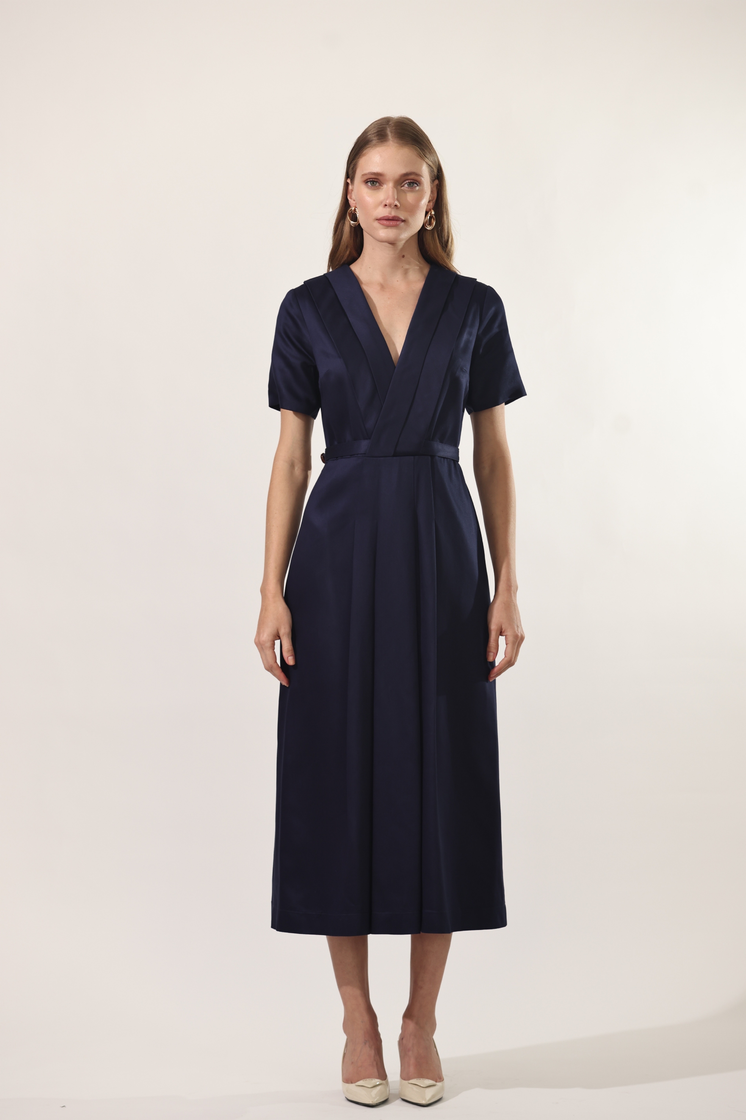 Vestido Noir Pregas Azul Marinho